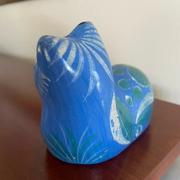 Vintage Blue Cat Figurine Hand Painted Glazed Mexican Folk Art Clay Pottery - Picture 4 of 9